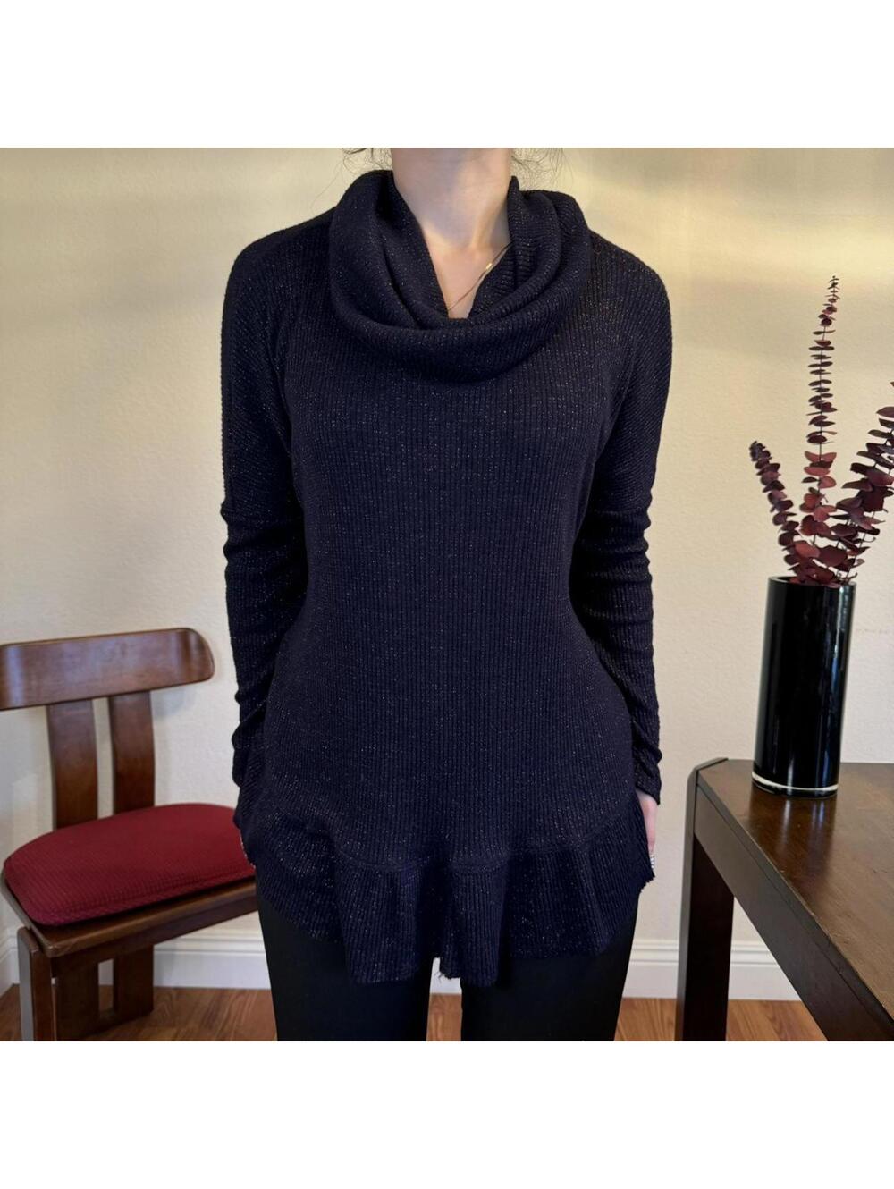 Anthropologie Ruffle Sweater Womens Small Navy Rose Gold Metallic Knit Cowl Neck
